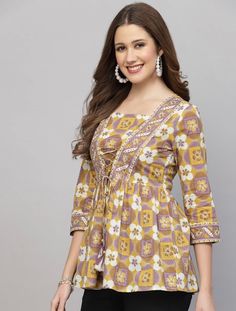 * Ethnic Printed Tie-Ups Pure Cotton Empire Top Printed Kurti / Embroidered Short Kurti / Indian Tunic / Summer-Spring Evening Dress / Cotton Tunic Tops * Mustard yellow regular empire top * Ethnic motifs print * Square neck, three-quarter, regular sleeves * Tie-ups detail * Woven cotton *Fabric:- 100% Cotton * Package Contains:-  Only One Top *Wash Care:- Hand Wash AVAILABLE IN 6 SIZES THEY ARE IN FOLLOWING MEASUREMENTS IN INCHES:- XS:- Bust-34/Waist-26/Length-28 S:- Bust-36/Waist-28/Length-28 Ethnic Kurti, Tunic Tops Summer, Indian Tunic, Cotton Tunic Tops, Short Kurti, Printed Kurti, Women Tunic Tops, Womens Tunics, Mustard Yellow