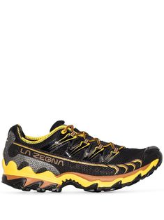 Black Nylon Sneakers With Contrast Sole, Yellow Low-top Trail Running Shoes With Vibram Sole, Yellow Lace-up Trail Running Shoes With Vibram Sole, Low-top Hiking Sneakers With Contrast Sole, Yellow Trail Running Shoes With Rubber Sole, Black Sneakers With Contrast Sole For Outdoor, Yellow Sneakers With Rubber Sole For Outdoor, Black Outdoor Sneakers With Contrast Sole, Sporty Black Trail Running Shoes With Studded Outsoles