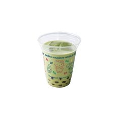 a plastic cup filled with green liquid