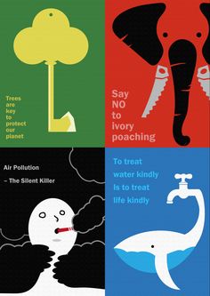 four different types of posters with the words say no to ivorying and air pollution