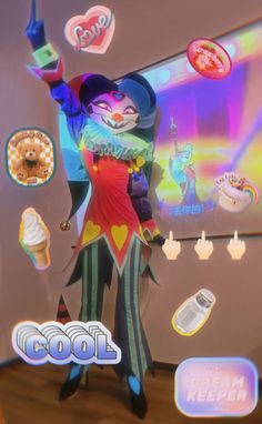 an animated character standing in front of a screen with various food items on it and the caption cool ice cream