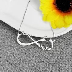 Personalized Infinity Heart Double Name Necklace Personalized Pendant Chain Necklace For Anniversary, Silver Pendant Name Necklace, Silver Anniversary Name Necklace, Anniversary Pendant Chain Necklace With Clavicle Chain, Anniversary Pendant Chain Necklace, Stainless Steel Chain Jewelry For Anniversaries, Silver Metal Chain Necklace For Mother's Day, Silver Engraved Name Necklace, Name Engraved Metal Jewelry For Anniversary