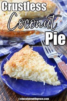 a piece of crustless coconut pie on a blue plate with a knife and fork