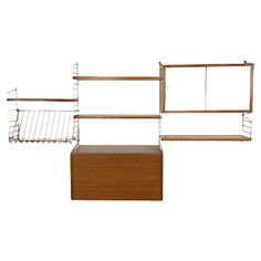 three wooden shelves with metal racks on top and one shelf above them, against a white background