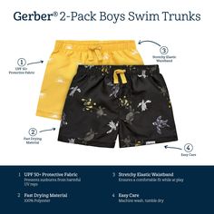 This two-pack of baby boy or toddler boy swimsuits is the perfect way to help your little one have a splash this spring and summer! Great for sunny days spent at the beach, pool, or even just playing water games at home, these swim trunks feature a comfort-stretch waistband for easy fit and are made from UPF 50+ material to protect against harmful sun rays while your little one plays. And with machine washing, they’re easy to keep clean for adventures all season long! Our essentials have been independently certified with STANDARD 100 by OEKO-TEX® so that you don’t have to worry about harmful substances in your baby’s wardrobe. Includes two swim trunks. Summer Swimwear With Upf 50+ For Playtime, Upf 50+ Swimwear For Summer Playtime, Upf 50+ Swimwear For Summer, Summer Swim Trunks For Playtime At The Beach, Summer Swim Trunks For Beach Season Playtime, Playful Summer Swim Trunks For Playtime, Playful Swim Trunks For Summer Playtime, Playful Swim Trunks With Upf 50+, Playful Upf 50+ Swim Trunks For Playwear