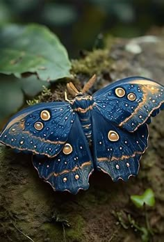 a blue butterfly sitting on top of a tree branch