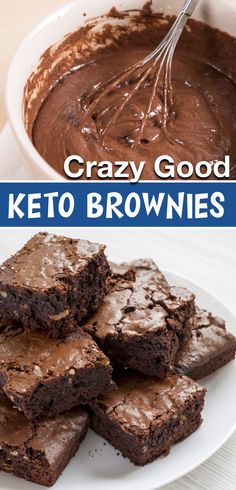 chocolate brownies on a white plate with the words crazy good keto brownies