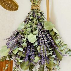 a bunch of lavender flowers hanging from a shower head