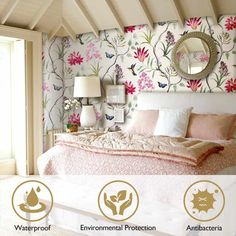 the bedroom is decorated in pink and white