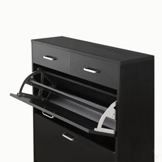 a black filing cabinet with two drawers and an ironing board attached to the top