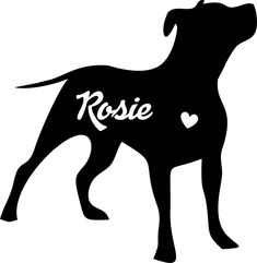 a black and white silhouette of a dog with the word rosie on it's chest