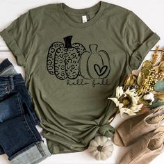 a t - shirt that says hello fall with an image of two pumpkins on it