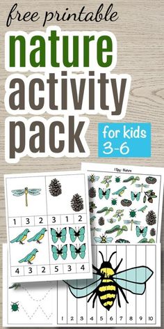 the printable nature activity pack for kids is shown with two bees and one bee