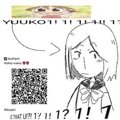 an anime character with a qr code on it's face and the caption is