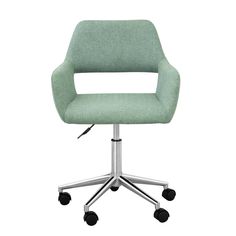 a light green office chair with wheels and casteors on an isolated white background, viewed from the front