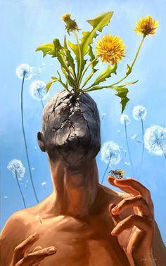 a painting of a man with dandelions on his head and hands in front of him