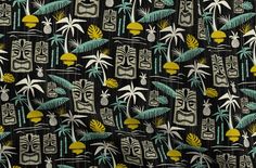 a black and yellow pattern with palm trees, tiki masks and pineapples