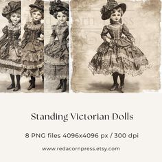 three pictures of victorian dolls in dresses and hats with the caption standing victorian dolls 8 png files