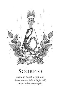 a black and white drawing of a bottle with the words scorpio on it