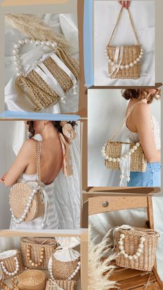 several pictures of the back of a woman's dress with pearls and purses