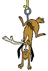 a cartoon dog hanging upside down on a rope