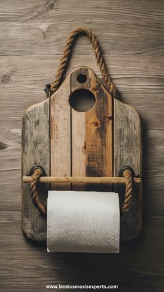 an old wooden cutting board with rope hanging from it and a roll of toilet paper in the holder