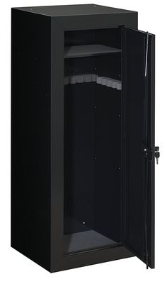 an empty black cabinet with the door open