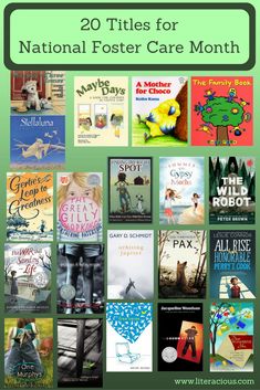 the cover of 20 titles for national fosterer care month, with images of children's books