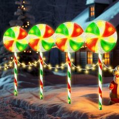 christmas lights and candy canes in the snow