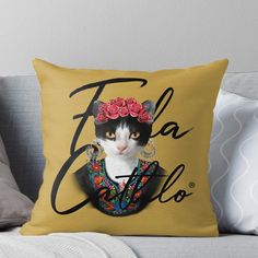 a black and white cat with flowers in her hair on a yellow background throw pillow