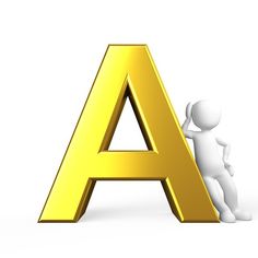 a person standing next to the letter a in front of a gold sign that says,'a '