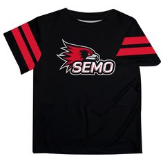 Southeast Missouri Redhawks Vive La Fete Boys Game Day Black Short Sleeve Tee with Stripes on Sleeves Black Varsity T-shirt For Fan Gear, Black Varsity T-shirt For Game Day, School Spirit T-shirt With Team Logo For Cheerleading, Varsity Sublimation Short Sleeve Fan Gear, Black T-shirt With Team Name For Cheerleading, Black Cotton Sublimation Design For Game Day, Black Team Spirit T-shirt For Game Day, Black College T-shirt With Team Logo, Sporty T-shirt With Team Logo For Cheerleading