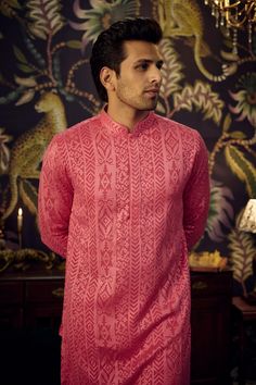 Hot pink georgette kurta with chikankari and thread embroidery. - Aza Fashions Georgette Kurta, Chikankari Kurta, Kurta For Men, Kurta Patterns, Kurta Men, Tone On Tone, Thread Embroidery, Thread Work, Mandarin Collar