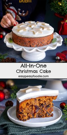 two pictures of a christmas cake with frosting on top and one has a slice taken out