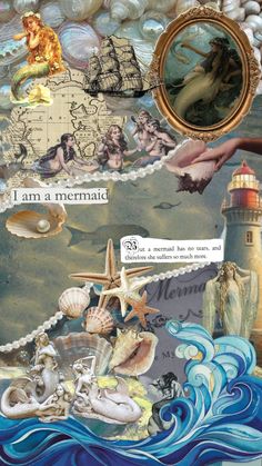 an altered collage with mermaids and seashells