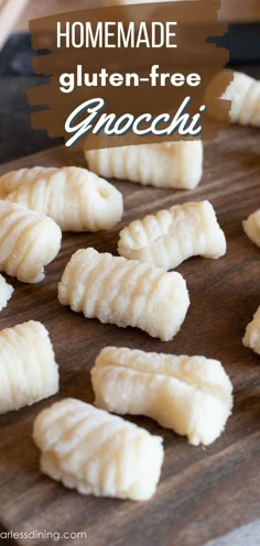 homemade gluten - free gnocchi on a cutting board with text overlay