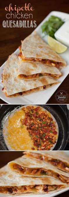 quesadillas on a plate with salsa and lime