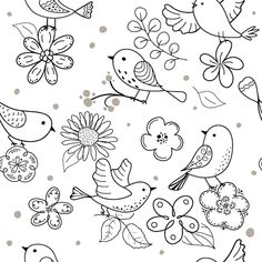 birds and flowers with polka dots on the background, black and white coloring book page