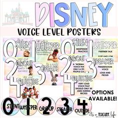 an advertisement for the disney voice level posters