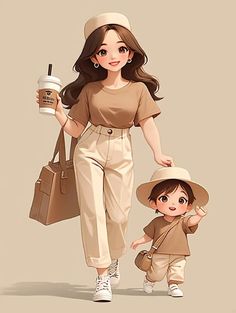 a woman and child walking down the street with a starbucks cup in their hand,