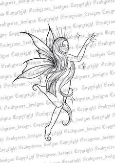 a black and white drawing of a fairy with long hair, holding her arms out in the air