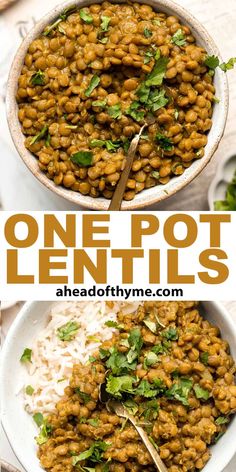 two bowls filled with lentils, rice and cilantro on top of each other