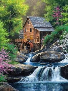 a painting of a water mill in the middle of a forest with flowers and rocks