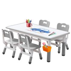 children's table and chairs with cars drawn on the white top, set against a white background