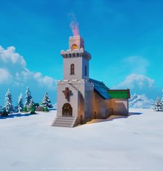 a church in the middle of a snowy landscape