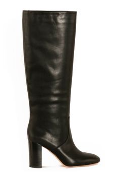 Pull on, knee high boot in smooth, matte leather with a stacked heel 3.5" heel, almond toe and padded footbed. 100% leather.  *Fit: Goldy fits true to size and slightly narrow in the shaft. May require some additional breaking in for a soft feel on the shaft. Loeffler Randall Shoes, Breaking In, Black Heel Boots, Tall Boot, Loeffler Randall, Tall Boots, Stacked Heel, Knee High Boots, Knee High