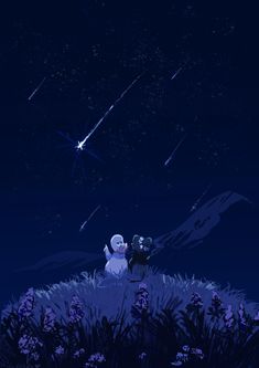 two snowmen are standing in the grass at night, looking up into the sky