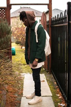 Probs replace/let shoes get dirty for mori look--- : Brown Plain Hoodie: Fruit of the Loom ($11 at Winners) Forest Green Jacket: Not sure the brand ($22 Thrifted from https://www.instagram.com/bypseudonym) Off White Extended T: H&M ($12) Ripped Jeans: H&M ($25) Clarks: ($15 at Winners) Extras: Watch-Gold Casio Rings-Brother gave them to me lol Glasses- Ray-Ban Round Metal Sunglasses (Prescription) Bag: Hershel Off White Bag ($30 on sale @ Si Vous Play- Sports Store in Canada) Mode Hip Hop, Hipster Man, Beastie Boys, Types Of Women, Clothing Styles, Hoodies For Sale, Outfit Casual, Mens Streetwear, Mens Street Style