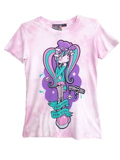 "Our Made-In LA slim fit tee features a hand illustrated pastel goth Violetta Skye with her lilac & green hair and skeleton tights, with verbiage I WEAR BLACK ON THE INSIDE   This tee has been hand tie-dyed in cotton candy pastel pink and white. The print is an old fashioned silkscreen- not a digital print. The inks are premium, soft and sink into the fabric This T Shirt has been preshrunk The fit is slim, body hugging, very soft and stretchy S fits a  32-35\" chest  (garment measures 17.5\" und Pastel Goth Crop Top, Fitted Emo T-shirt For Summer, Spring Fairy Grunge Fitted T-shirt, Fairy Grunge Fitted T-shirt For Spring, Fitted Fairy Grunge T-shirt For Spring, Fairy Grunge Fitted Short Sleeve Top, Fitted Fairy Grunge Tops With Short Sleeves, Fitted Fairy Grunge Short Sleeve Tops, Fitted Short Sleeve Fairy Grunge Top