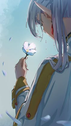 an anime character holding a flower in her hand and looking at the sky behind her